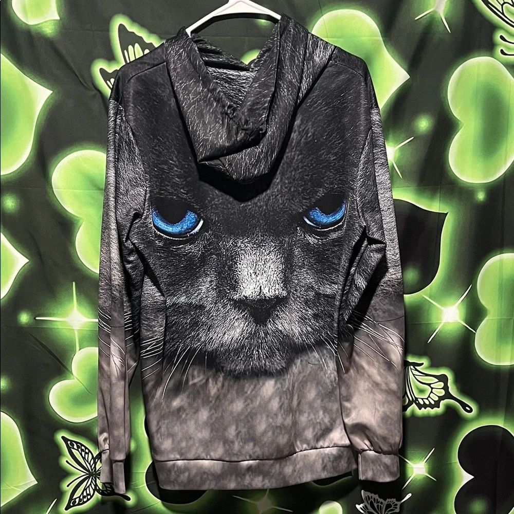 Black Cat Hoodie with Blue Eyes